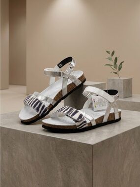 Geox Silver Metallic Sandals with Black-and-White Zebra Strap